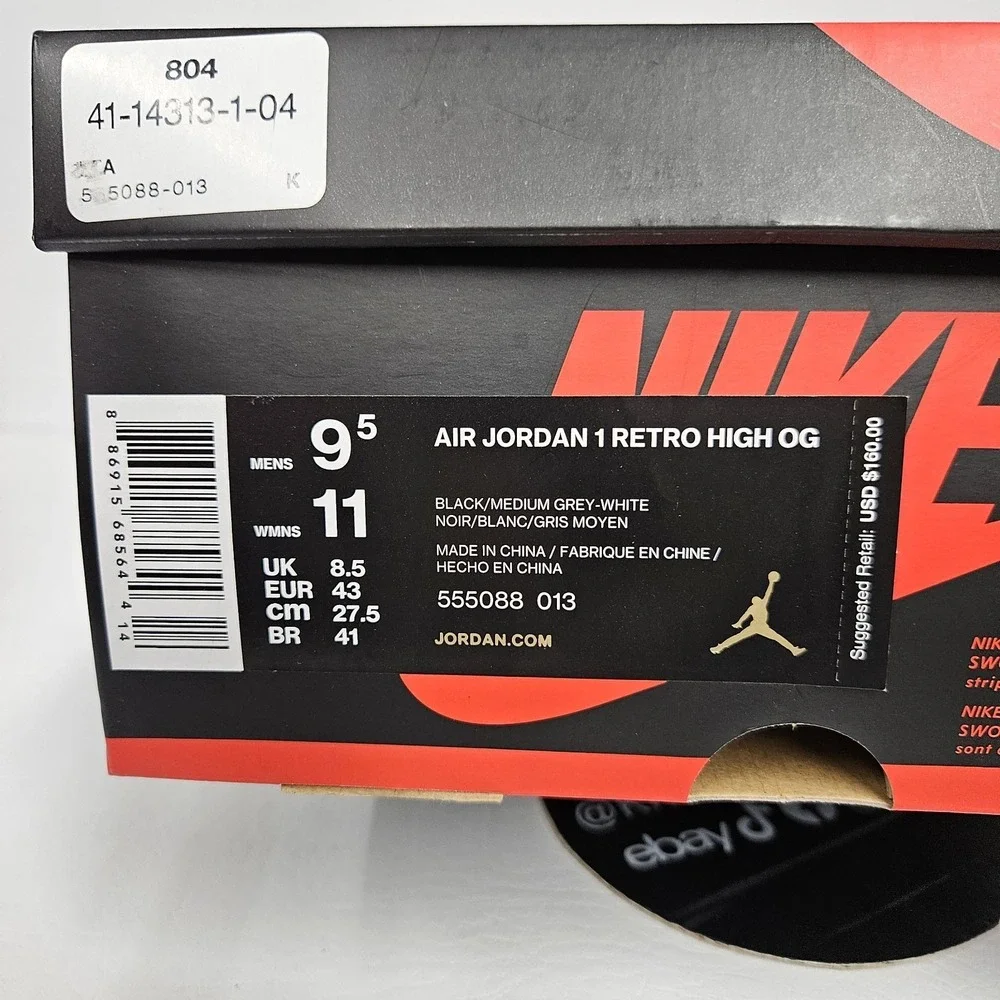 Nike Air Jordan 1 Retro High Shadow 2018 Black 555088-013 Men's Size 9.5